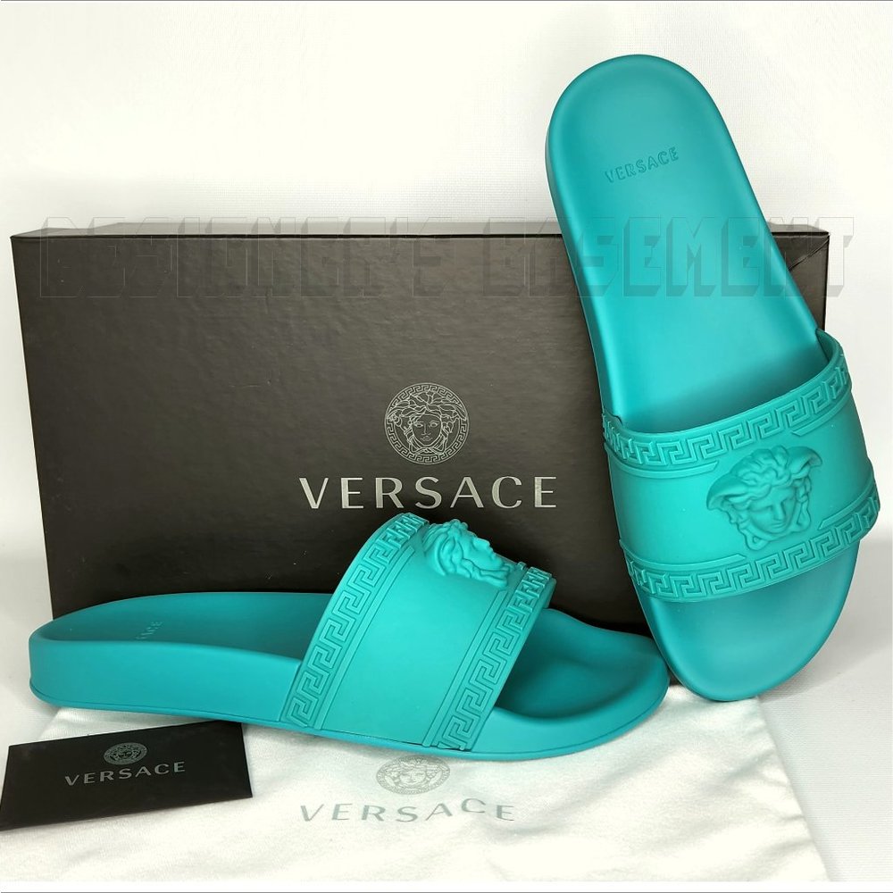 VERSACE mens 44EU - 11US turquoise CARDINAL Medusa head FLIP-FLOP slide sandals